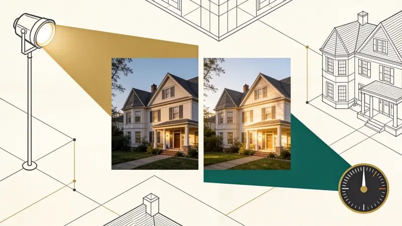 Before-and-after of a property photo professionally relit.