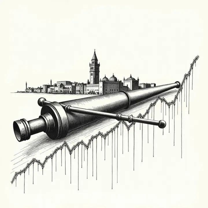 Engraving of a brass telescope over a rising market trend line with a Moroccan skyline.