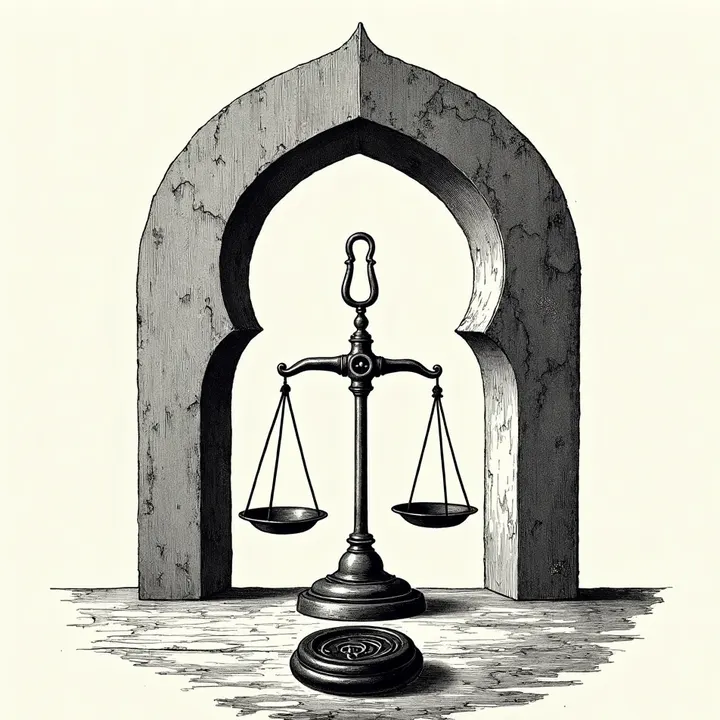 Engraving of a balance scale and a wax seal within a Moorish archway — legal transparency.